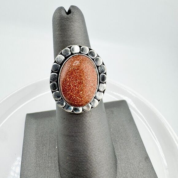 Vintage Goldstone Ring Silver Tone Oval Cabochon Boho Statement 1970s Retro - Picture 1 of 9